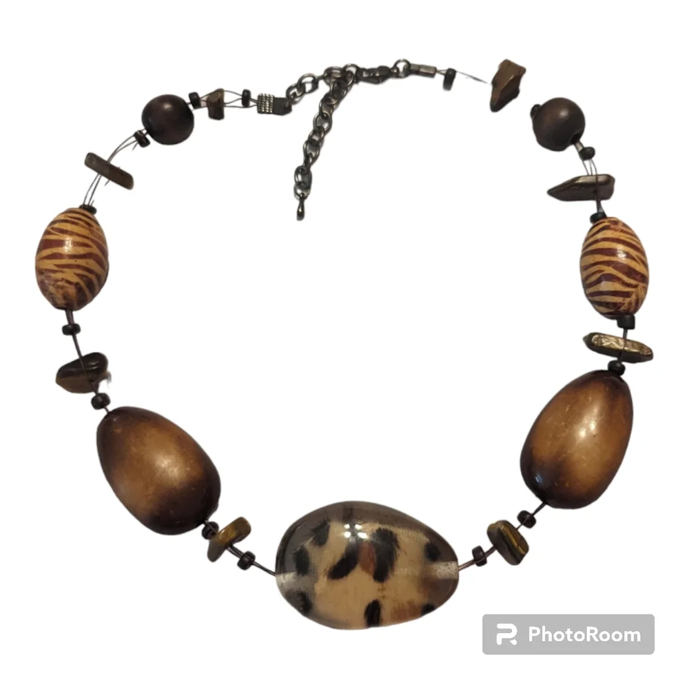 Vintage Large Wood & Acrylic Beaded Antique Brass Adjustable Choker Necklace